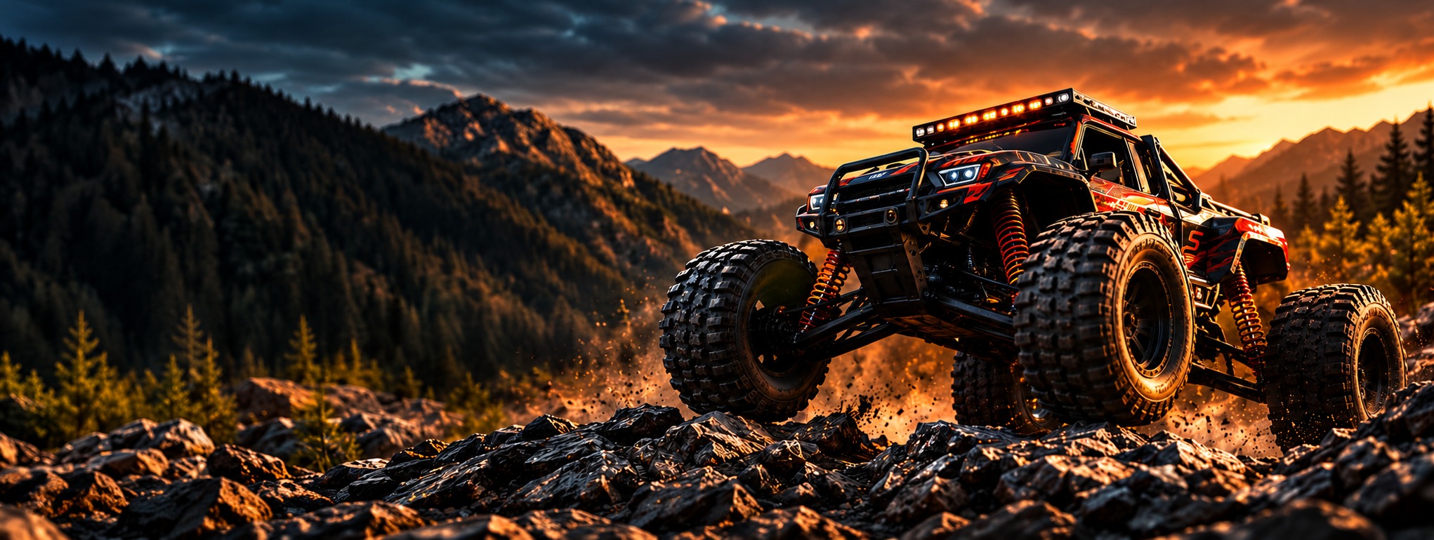 Black and orange off-road RC truck on rocky mountain terrain at sunset